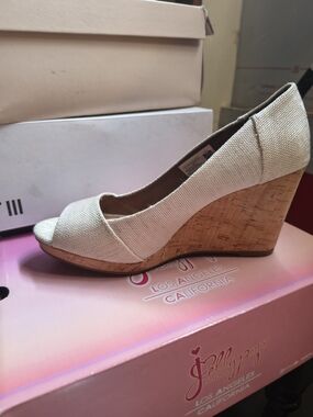 Toms Cream Canvas Cork Wedge Peep Toe
